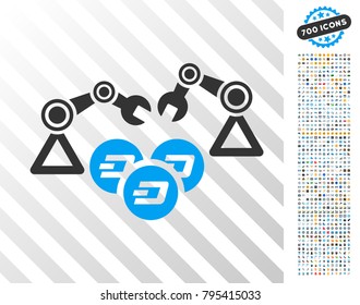 Dash Mining Robotics pictograph with 700 bonus bitcoin mining and blockchain pictograms. Vector illustration style is flat iconic symbols designed for bitcoin software.