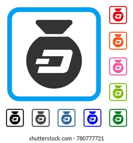 Dash Money Bag icon. Flat gray pictogram symbol inside a blue rounded rectangular frame. Black, gray, green, blue, red, orange color additional versions of Dash Money Bag vector.