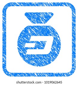 Dash Money Bag rubber seal stamp imitation. Icon vector symbol with grunge design and dirty texture in rounded squared frame. Scratched blue sign on a white background.