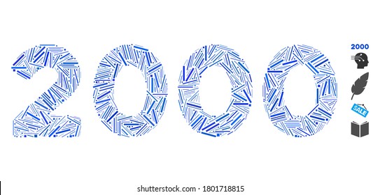 Dash Mosaic based on 2000 digits text icon. Mosaic vector 2000 digits text is designed with random dash items. Bonus icons are added.