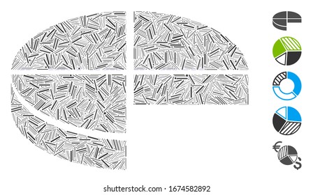 Dash Mosaic based on 3d pie chart icon. Mosaic vector 3d pie chart is composed with scattered dash items. Bonus icons are added.