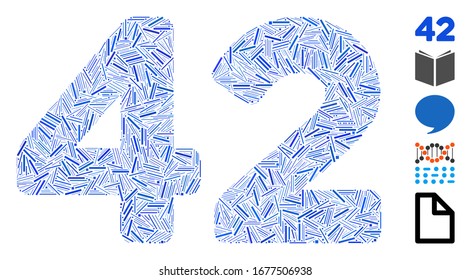 Mosaico de guiones basado en un icono de texto de 42 dígitos. El texto vectorial mosaico de 42 dígitos se crea con elementos de guión dispersos. Se agregan iconos de bonificación.