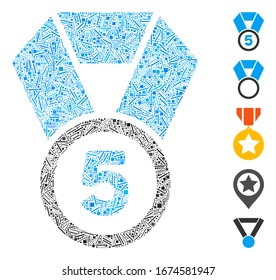 Dash Mosaic based on 5th place medal icon. Mosaic vector 5th place medal is formed with scattered dash items. Bonus icons are added.