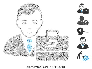 Dash Mosaic based on Dash accounter icon. Mosaic vector Dash accounter is composed with randomized line elements. Bonus icons are added.