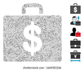 Dash Mosaic based on accounting case icon. Mosaic vector accounting case is created with randomized dash items. Bonus icons are added.