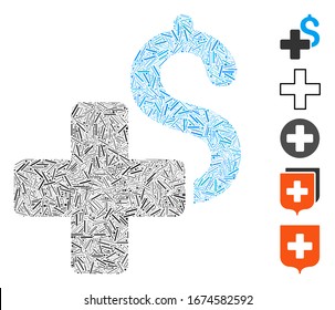 Dash Mosaic based on add dollar icon. Mosaic vector add dollar is formed with scattered dash dots. Bonus icons are added.