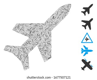 Dash Mosaic based on aeroplane icon. Mosaic vector aeroplane is formed with random dash items. Bonus icons are added.