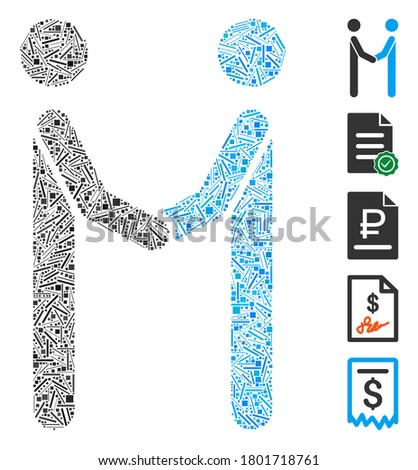Dash Mosaic based on agreement icon. Mosaic vector agreement is composed with randomized dash dots. Bonus icons are added.