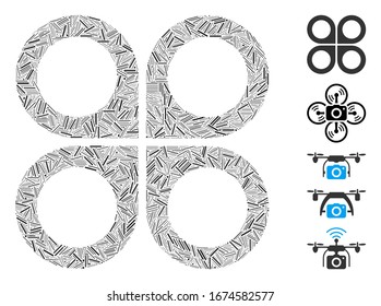 Dash Mosaic based on air drone icon. Mosaic vector air drone is formed with randomized dash spots. Bonus icons are added.