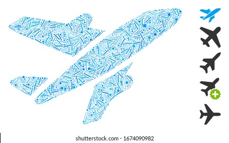 Dash Mosaic based on aircraft icon. Mosaic vector aircraft is designed with randomized dash dots. Bonus icons are added.