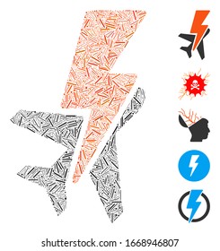 Dash Mosaic based on airplane shock icon. Mosaic vector airplane shock is composed with scattered dash dots. Bonus icons are added.