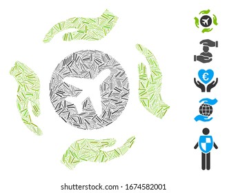 Dash Mosaic based on airplane insurance hands icon. Mosaic vector airplane insurance hands is composed with scattered dash dots. Bonus icons are added.