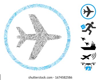 Dash Mosaic basado en el icono del aeropuerto. El aeropuerto vector mosaico se crea con puntos de guión aleatorizados. Se agregan iconos de bonificación.