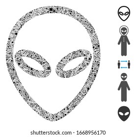 Dash Mosaic based on Alien icon. Mosaic vector Alien is composed with randomized dash elements. Bonus icons are added.