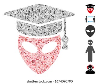 Dash Mosaic based on alien scientist icon. Mosaic vector alien scientist is designed with randomized hatch spots. Bonus icons are added.