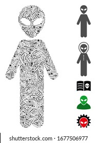 Dash Mosaic based on alien person icon. Mosaic vector alien person is designed with random dash dots. Bonus icons are added.