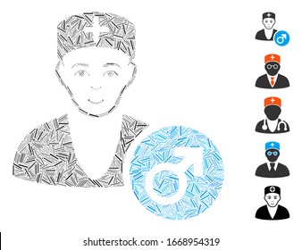 Dash Mosaic based on andrologist doctor icon. Mosaic vector andrologist doctor is formed with randomized dash dots. Bonus icons are added.