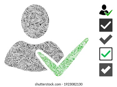 Dash Mosaic based on approve user icon. Mosaic vector approve user is composed with randomized dash dots. Bonus icons are added.