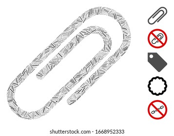 Dash Mosaic based on attach paperclip icon. Mosaic vector attach paperclip is designed with scattered dash spots. Bonus icons are added.