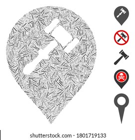 Dash Mosaic basado en el icono del marcador de martillo de subasta. El marcador de martillo de subasta de vector mosaico se compone de puntos de guiones dispersos. Se agregan iconos de bonificación.