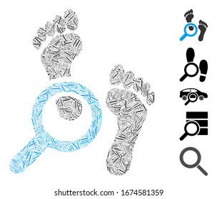 Dash Mosaic based on audit footprints icon. Mosaic vector audit footprints is created with scattered dash elements. Bonus icons are added.