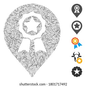 Dash Mosaic based on award seal marker icon. Mosaic vector award seal marker is created with scattered dash items. Bonus icons are added.