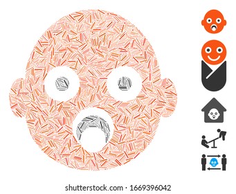 Dash Mosaic based on baby head icon. Mosaic vector baby head is formed with scattered dash items. Bonus icons are added.