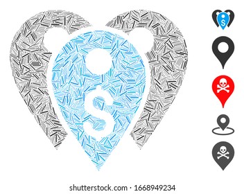 Dash Mosaic basado en el icono de marcas bancarias. Las marcas de banco vectorial mosaico se componen de puntos de guiones aleatorios. Se agregan iconos de bonificación.