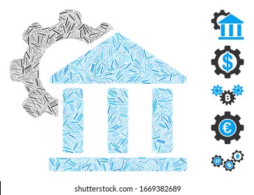 Dash Mosaic based on bank settings icon. Mosaic vector bank settings is composed with randomized dash items. Bonus icons are added.