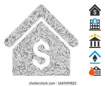 Dash Mosaic based on bank office icon. Mosaic vector bank office is designed with scattered dash elements. Bonus icons are added.