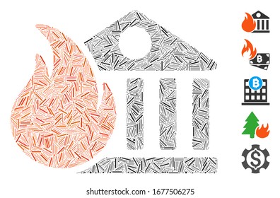 Dash Mosaic based on bank fire conflagration icon. Mosaic vector bank fire conflagration is composed with random hatch elements. Bonus icons are added.
