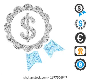 Dash Mosaic based on bank award icon. Mosaic vector bank award is composed with random dash items. Bonus icons are added.