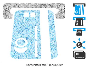 Dash Mosaic based on bank ATM icon. Mosaic vector bank ATM is created with random dash elements. Bonus icons are added.