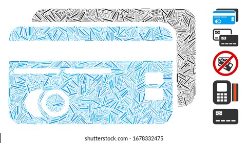 Dash Mosaic based on bank cards icon. Mosaic vector bank cards is created with random line spots. Bonus icons are added.