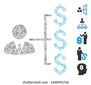 Dash Mosaic based on banker payments icon. Mosaic vector banker payments is composed with random dash items. Bonus icons are added.