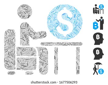 Dash Mosaic based on banker office icon. Mosaic vector banker office is created with scattered dash elements. Bonus icons are added.