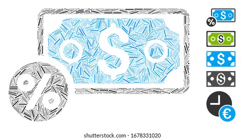 Dash Mosaic basado en el icono del porcentaje de billetes. El porcentaje del billete vectorial mosaico está compuesto por elementos del guión dispersos. Se agregan iconos de bonificación.