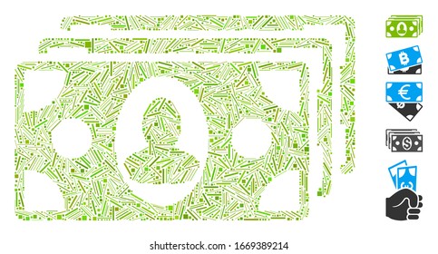 Dash Mosaic basado en el icono de los billetes. Los billetes vectoriales de mosaico se crean con puntos de guiones aleatorios. Se agregan iconos de bonificación.