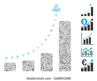 Dash Mosaic based on bar chart positive trend icon. Mosaic vector bar chart positive trend is created with scattered dash dots. Bonus icons are added.