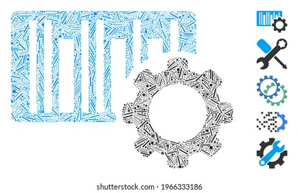 Dash Mosaic based on bar code settings icon. Mosaic vector bar code settings is formed with randomized dash spots. Bonus icons are added.