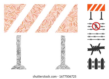 Dash Mosaic based on barrier icon. Mosaic vector barrier is created with random dash items. Bonus icons are added.