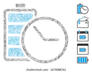 Mosaico de guiones basado en el icono del reloj de la batería. El reloj de la batería vectorial mosaico se crea con elementos de guión aleatorizados. Se agregan iconos de bonificación.