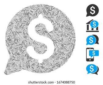 Dash Mosaic basado en el icono de puja. La puja de vector mosaico está compuesta por puntos de guión aleatorizados. Se agregan iconos de bonificación.