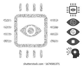 Dash Mosaic based on bionic vision chip icon. Mosaic vector bionic vision chip is created with randomized dash dots. Bonus icons are added.