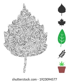Dash Mosaic based on birch leaf icon. Mosaic vector birch leaf is formed with random dash elements. Bonus icons are added.