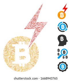 Dash Mosaic basado en el icono de golpe de relámpago Bitcoin. Vector mosaico El rayo de bitcoin se compone de puntos de guiones dispersos. Se agregan iconos de bonificación.
