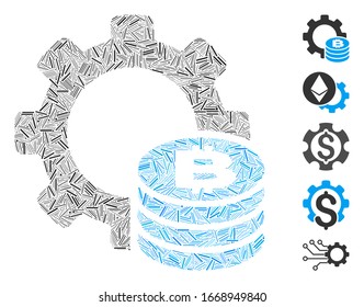 Dash Mosaic based on Bitcoin industry gear icon. Mosaic vector Bitcoin industry gear is designed with scattered dash dots. Bonus icons are added.