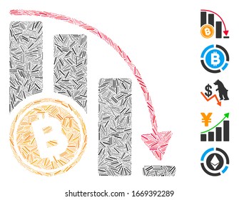 Mosaico de guiones basado en el icono del gráfico de aceleración de caída de Bitcoin. vector mosaico El gráfico de aceleración de caída de bitcoin se crea con puntos de guión aleatorios. Se agregan iconos de bonificación.