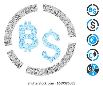 Dash Mosaic basado en el icono del diagrama financiero Bitcoin. El diagrama financiero de bitcoin vector mosaico está diseñado con elementos de guión aleatorizados. Se agregan iconos de bonificación.
