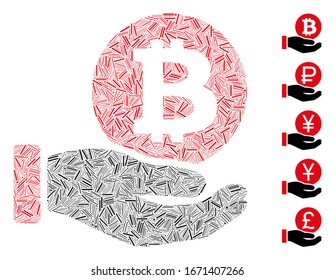 Dash Mosaic basado en el icono de la mano de pago de monedas de Bitcoin. Vector mosaico La mano de pago de monedas de bitcoin se crea con puntos de guión aleatorizados. Se agregan iconos de bonificación.